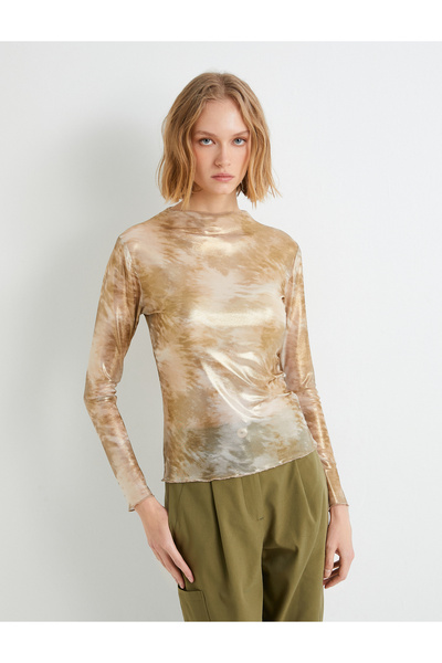 Koton Metallic Shiny Tulle T-Shirt Long Sleeve Stand Collar