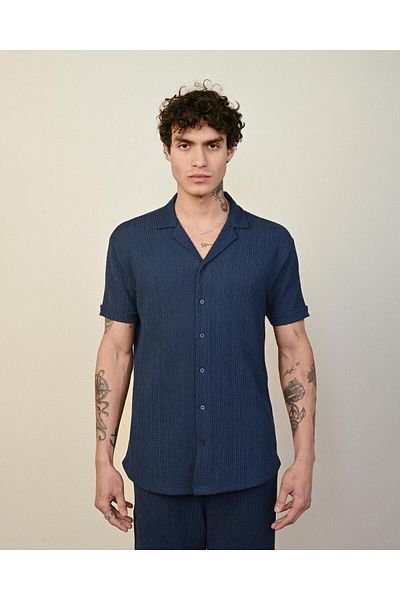 CANMODA Indigo Premium Slim Fit Shirt - Short Sleeve, Seersucker (1757)