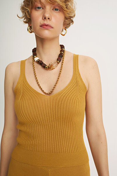 Perspective İllas Slim Fit V-Collar Strap Short Camel Hair Color Women's Knitwear Blouse