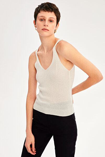 Perspective İllas Slim Fit V-Collar Strap Short Ecru Color Women's Knitwear Blouse