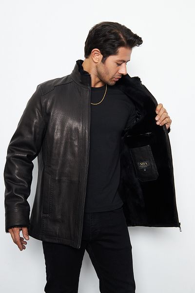 By Marki Marki Men's Black Leather Coat - Genuine Leather, Fur Inside, Fur Lining, Zipper Design