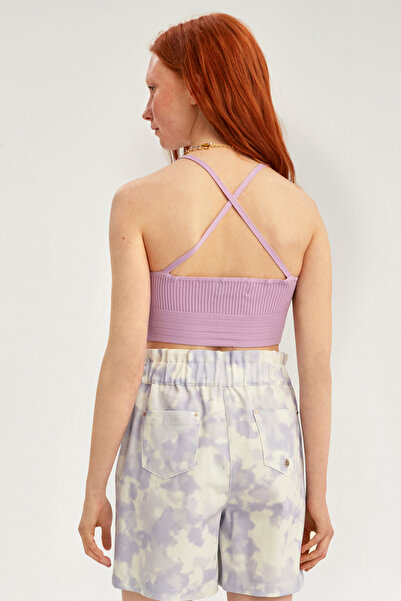 Perspective İllas Slim Fit V-Collar Strap Lilac Color Women's Knitwear Crop Blouse