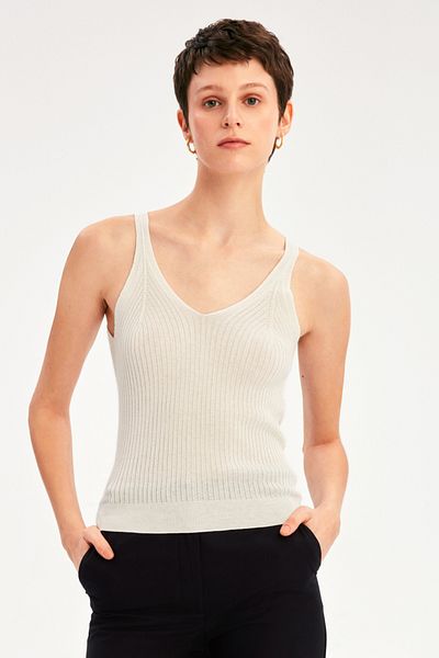 Perspective İllas Slim Fit V-Collar Strap Short Ecru Color Women's Knitwear Blouse