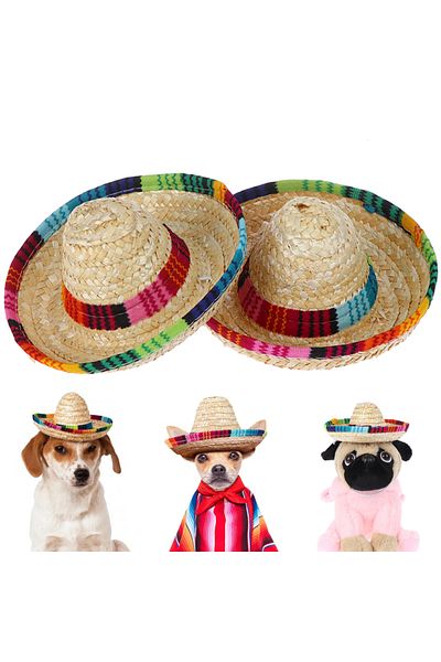 Choice 11.5x6.5cm Colorful Mini Pet Dogs Straw Hat Sombrero Cat Sun Hat Beach Party Mexican Straw Cap Hats