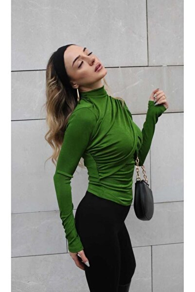 Maison La Femme Πράσινη αμμώδης μπλούζα με μακρυμάνικο μισό λαιμό