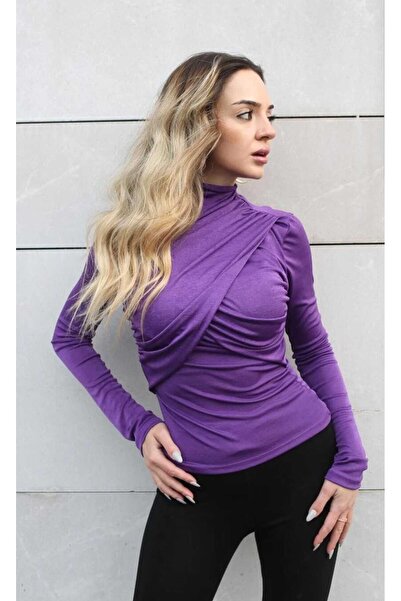 Maison La Femme Μωβ μακρυμάνικη αμμώδης μπλούζα με μισό λαιμό