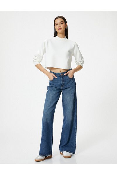 Koton Crop Sweatshirt Stand Collar Ribbed