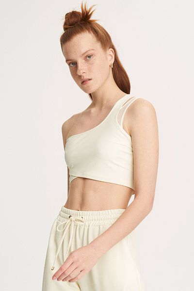 Perspective Lara Slim Fit One Shoulder Ecru Color Women's Crop Blouse