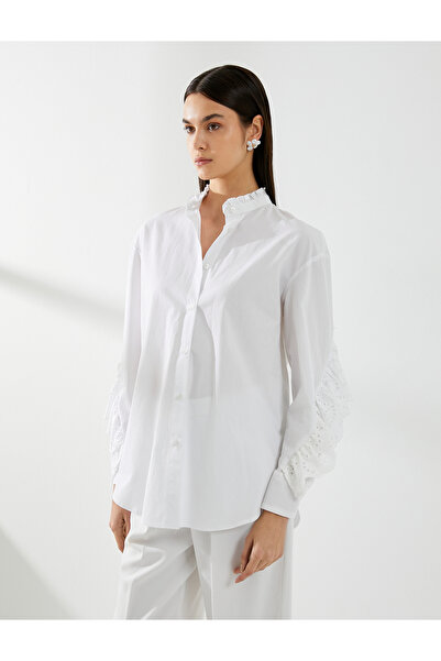 Koton Koszula z muszelki, z długim rękawem, zapinana na guziki, z dominującym kołnierzykiem, z falbanką, bawełną