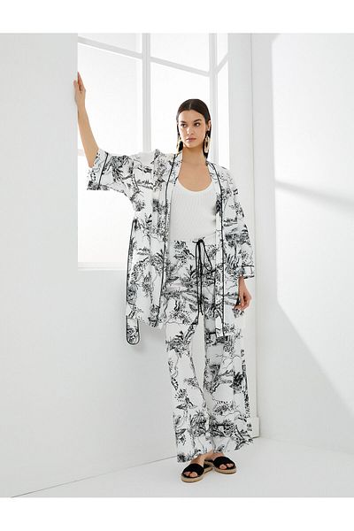 Koton Floral Wide Leg Trousers Tie Waist Viscose Fabric Blended