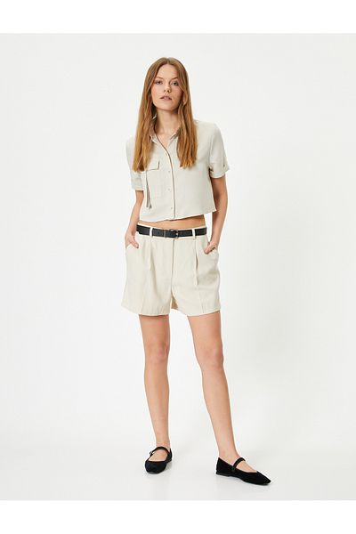 Koton Crop Shirt Cargo Pocket Kurzarm Geknöpft Modal Blend