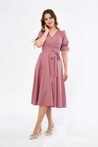 RURIS Kadın Gül Kurusu Kısa Kollu Kruvaze Yaka Kuşaklı Midi Boy Abiye Mezuniy...