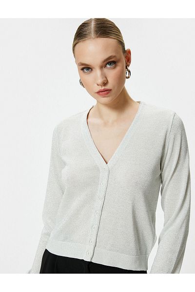 Koton Glittery V-Neck Knitwear Cardigan - Buttoned