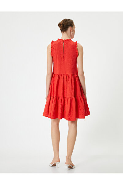 Koton Textured Mini Dress - Flounce, Ruffle, Sleeveless, Crew Neck