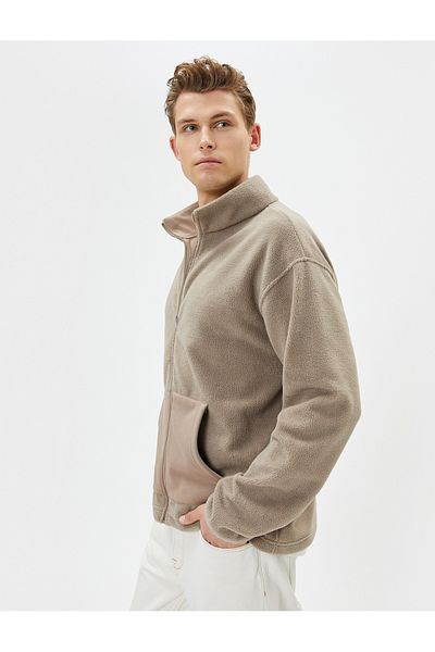 Koton Plush Jacket Kangaroo Pocket Zippered Stand Collar