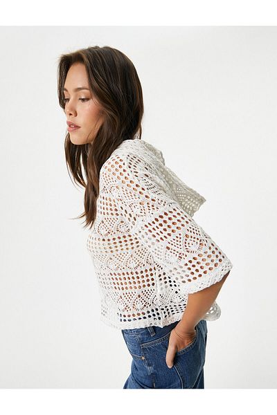 Koton Crochet Crop Sweatshirt - Hooded, Short Sleeve, Openwork