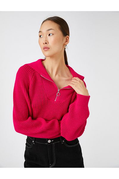 Koton Crop-Strickpullover mit halbem Reißverschluss und langen Ärmeln aus Kaschmir mit Struktur