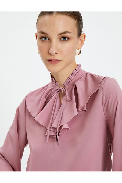 Koton Balloon Sleeve Shirt Ruffled High Collar Window Tie Detail