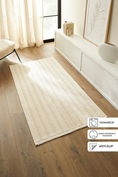 Ocean Home Textile Yıkanabilir Pamuklu Ekru Renk Çizgi Desen Kilim