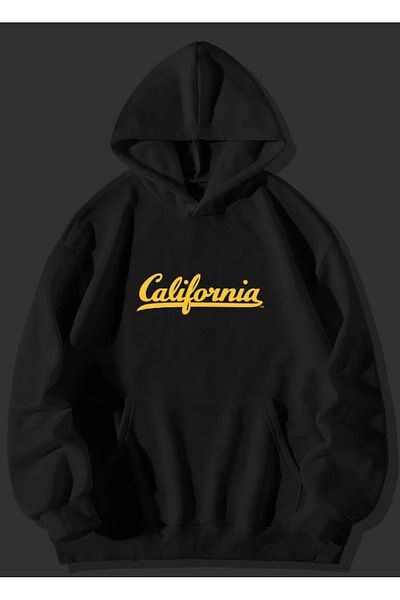 Moda Glo Yellow California Printed Black Hoodie Thick Fabric (Unisex)