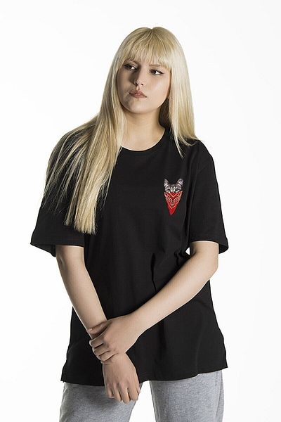 Moda Glo Tricou supradimensionat din bumbac, negru, mascat în față, cu imprimeu de pisici