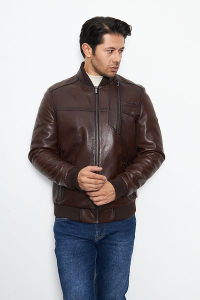 By Marki Marki Men's Brown Genuine Leather Jacket - Zippered, Vintage Style, Prevailing Collar