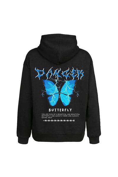 Moda Glo Unisex Μαύρο Φούτερ με στάμπα καγκουρό - με τσέπες, 3 κλωστές