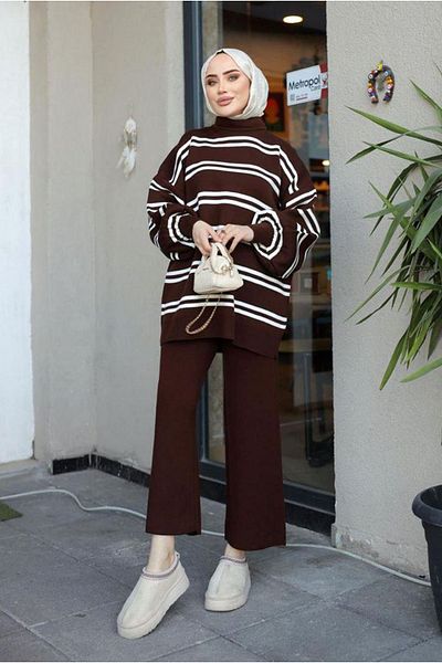 Moda Rosa 25K4116 - Brown - Striped Fishinglape Knitwear Sweater