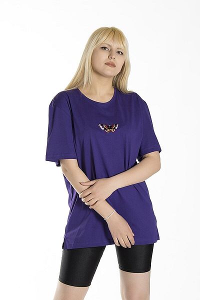 Moda Glo Women's Purple Butterfly Printed Crew Neck Oversize Cotton T-shirt