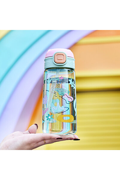 Livava Patterned Water Bottle with Strap and Straw, Green, 20X7-