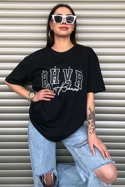 Moda Glo Γυναικείο μπλουζάκι Bhvr Black Oversize με στάμπα