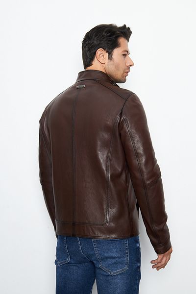 By Marki Marki Men's Brown Leather Jacket - Genuine Leather, Vintage Style, Zippered, Prevailing Collar