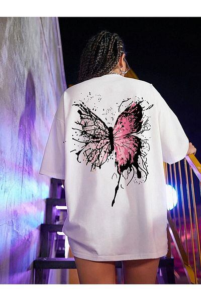 Moda Glo Μπλουζάκι από βαμβακερό χτενισμένο υπερμεγέθη λευκό πεταλούδα