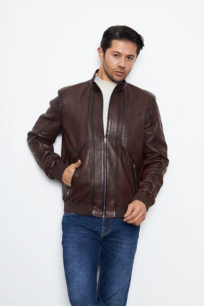 By Marki Marki Men's Brown Leather Jacket - Genuine Leather, Vintage Style, Zippered, Prevailing Collar