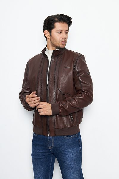 By Marki Marki Men's Brown Leather Jacket - Genuine Leather, Vintage Style, Zippered, Prevailing Collar