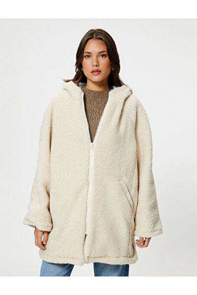 Koton Oversize dlouhý plyšový kabát se zipem s kapucí