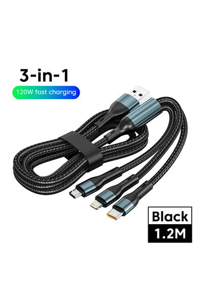 Choice كابل شحن فائق السرعة من النوع C، أسود اللون، بطول 1.2 متر، 3 في 1، بقد...