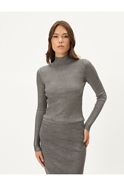 Koton Tricotaj Pulover Jumătate cu gât rotic metalic Aurit Regular Fit Cașmir Texturat