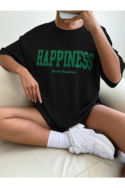 Moda Glo Γυναικείο μπλουζάκι με στάμπα τύπου Happiness Oversize
