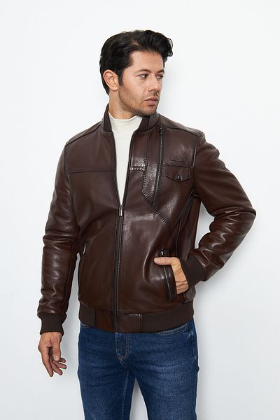By Marki Marki Men's Brown Genuine Leather Jacket - Zippered, Vintage Style, Prevailing Collar