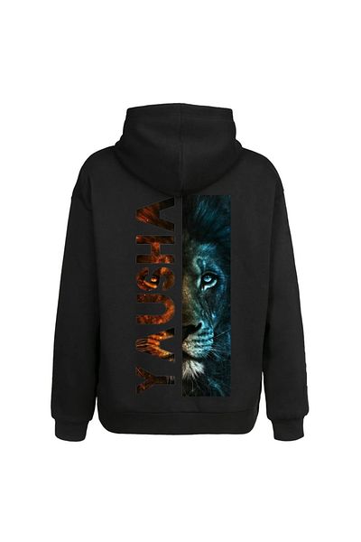 Moda Glo Hanorac negru unisex cu glugă cu model de leu
