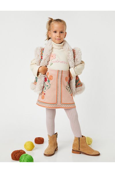 Koton Fustă mini cu aspect de piele întoarsă detaliu broderie florala si talie elastică