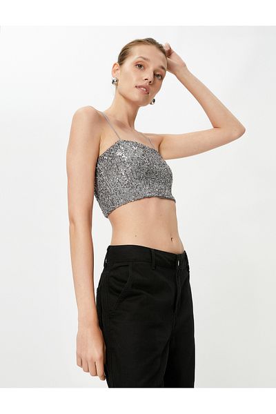 Koton Crop-Top mit Pailletten, dünnen Trägern und quadratischem Ausschnitt