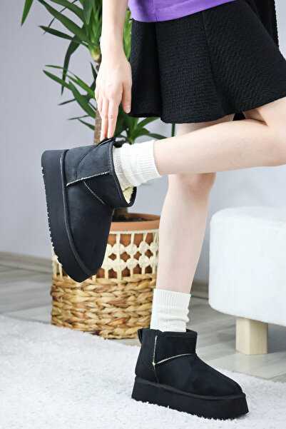 asmi shoes Kadın Pavro Siyah Süet İçİ Kürklü Kalın Taban ( 4.5 cm ) Mini Kısa Bot