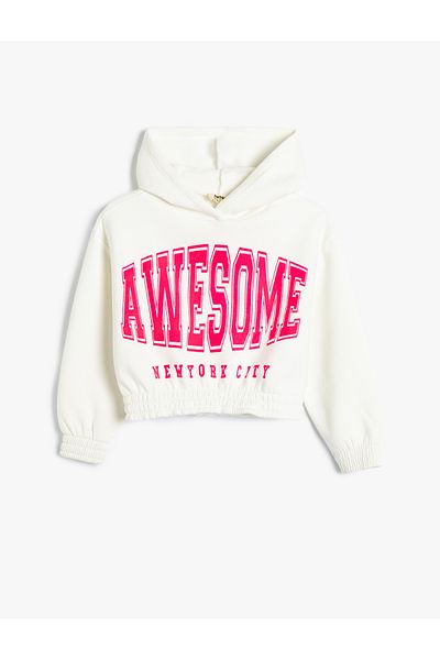 Koton Baumwoll-Crop-Sweatshirt mit Kapuze - Slogan bedruckt Raster