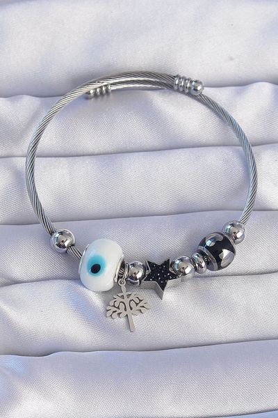 Skygo 316L Steel Silver Color Black Zircon Stone Star Design Tree Detail Evil Eye Charm Bracelet - Tj-Bb6