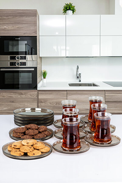 Lizzy 18 Parça Kristal Kesme Cam Lüsterli Pasta Tabaklı Çay, Sunum, Servis Seti