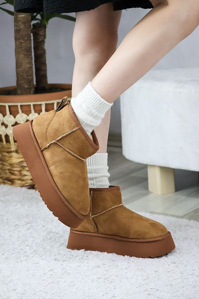 asmi shoes Γυναικείες μίνι κοντές μπότες Pavro Brown Suede με γούνα στο εσωτερικό και χοντρή σόλα (4,5 cm)