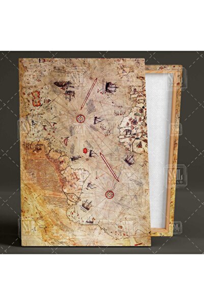 SML TABLO Ünlü Denizci Piri Reis Haritası Vintage Harita Eski Dünya Haritası Dikey Kanvas Tablo