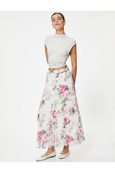 Koton Langer Faltenrock mit Blumenmuster und hoher Taille – gefüttert